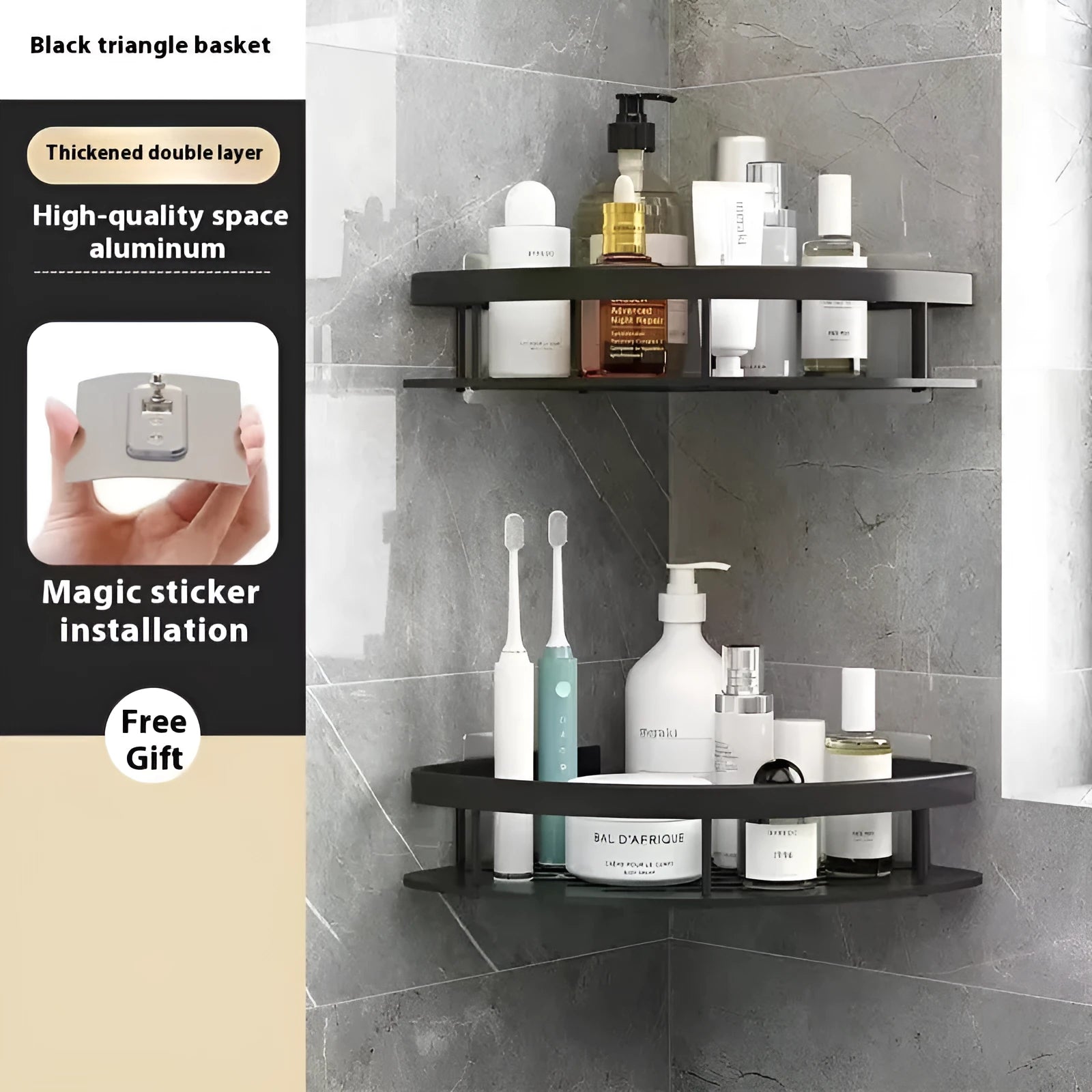 Black double triangle multi-layer bathroom storage rack mounted in a corner.