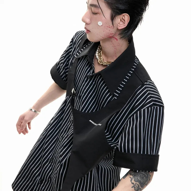 Men's black and white striped short sleeve shirt with double lapel collar design