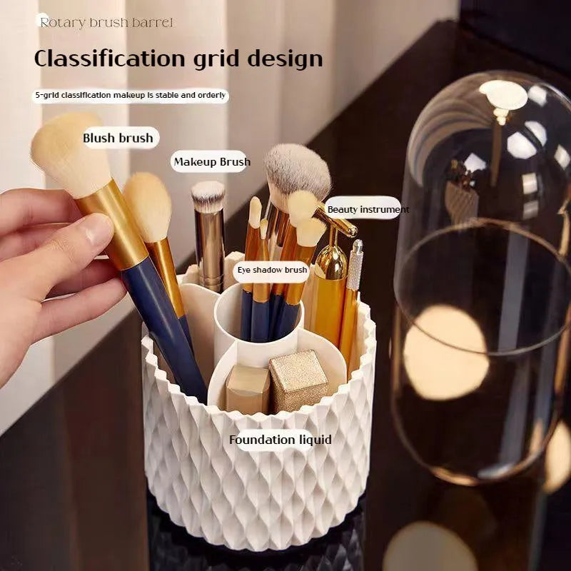 White rotating transparent makeup brush storage box with lid on desktop
