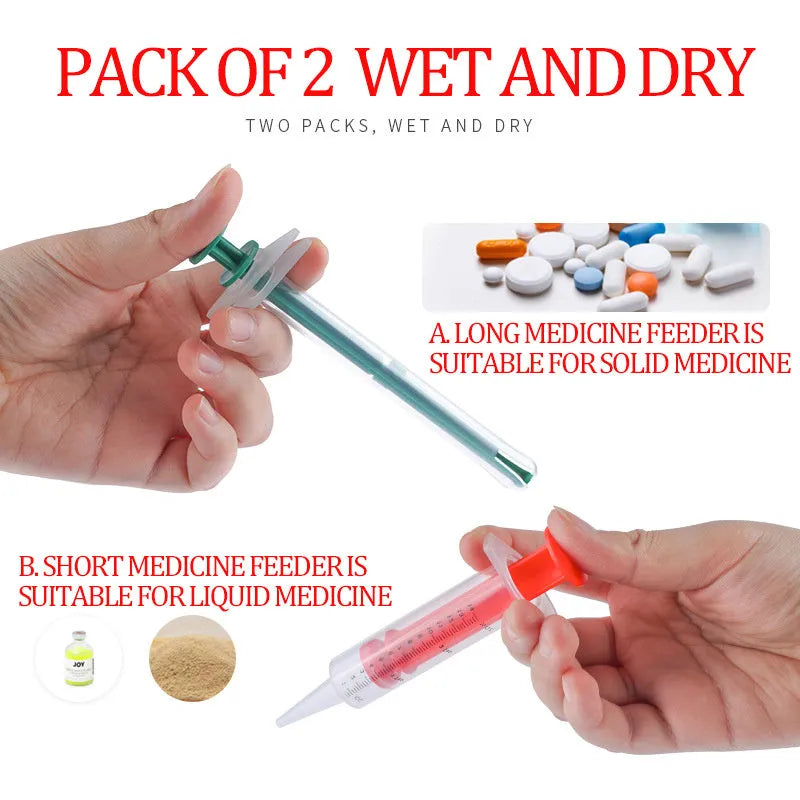 Two pet pill shooter syringes with soft silicone tips for administering medication to cats and dogs
