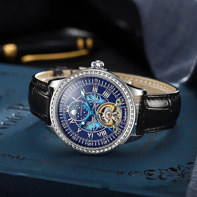 Men's waterproof mechanical watch with stainless steel strap and round dial featuring mineral glass protection