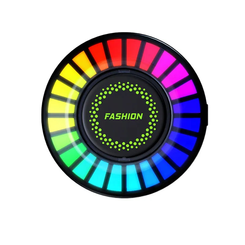 3D RGB car atmosphere light mounted on a car air vent, showing voice control and aromatherapy functions.