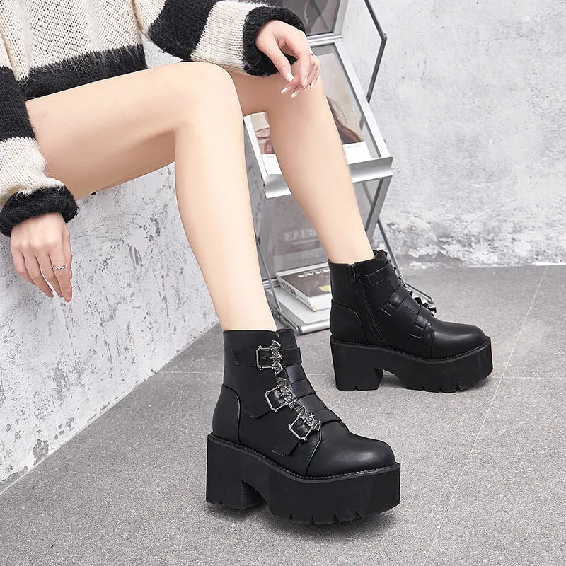 Black women's punk ankle boots with bat buckle and side zip, thick platform heel