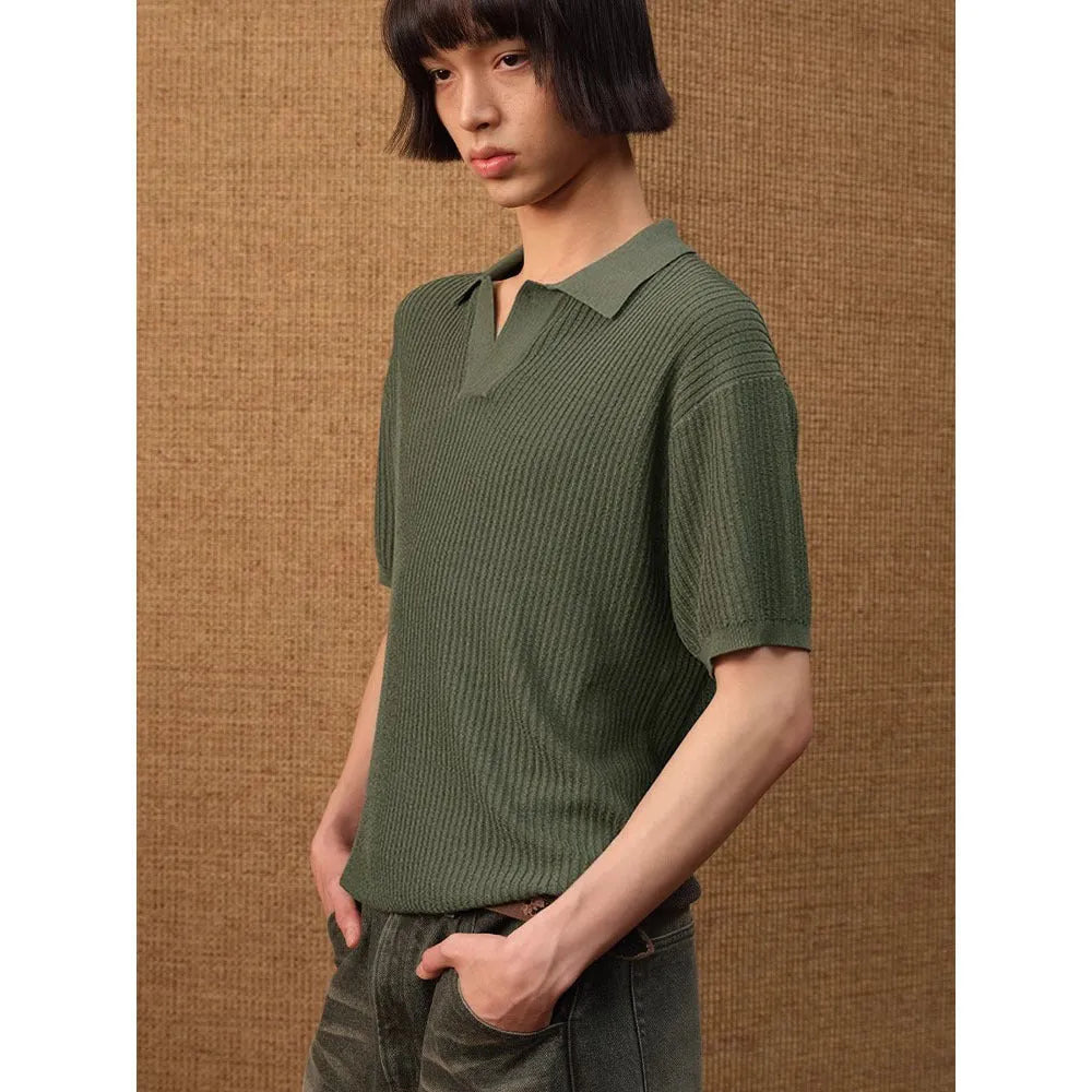 A creamy-white loose-fit polo shirt with a striped collar, made from thin ice silk fabric for summer.
