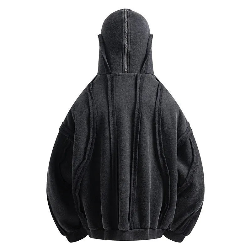 Black loose-fit cotton zip hooded coat with an abstract pattern and light padding.