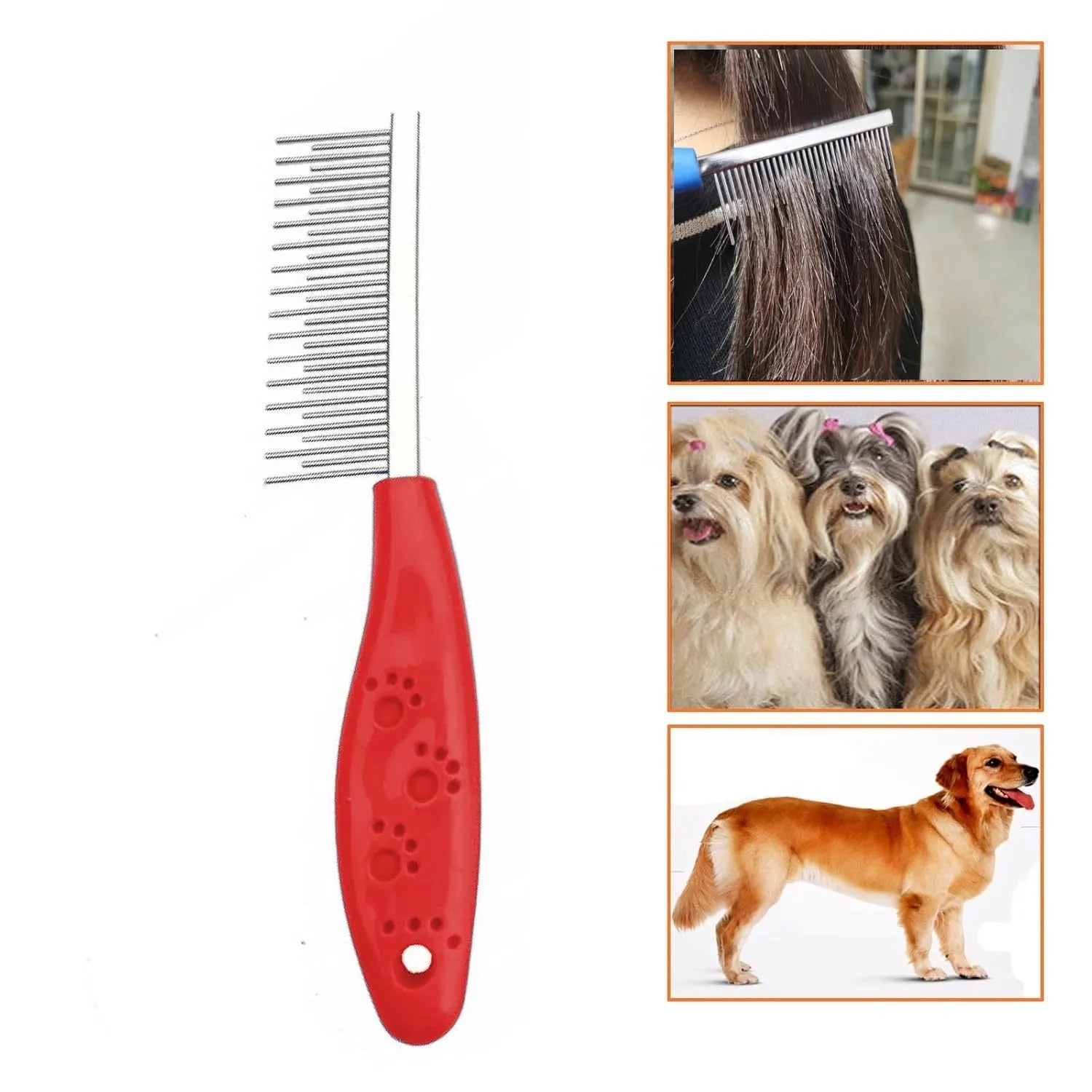 Red plastic handle pet comb with alternating rows of short and long stainless steel teeth for dematting tangles.
