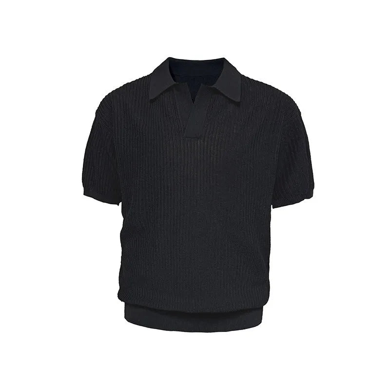 A creamy-white loose-fit polo shirt with a striped collar, made from thin ice silk fabric for summer.