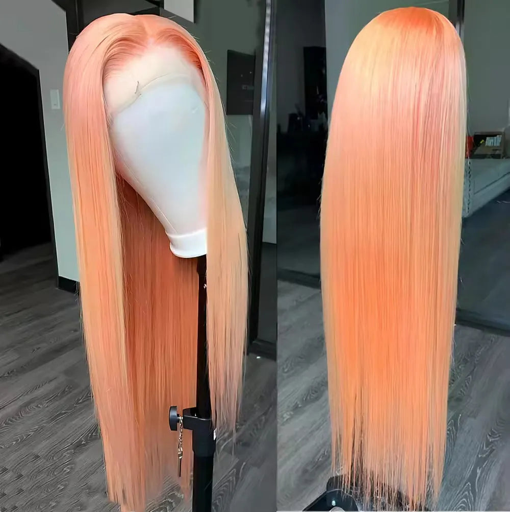 Light orange long straight synthetic wig with front lace and side bangs on a mannequin head.