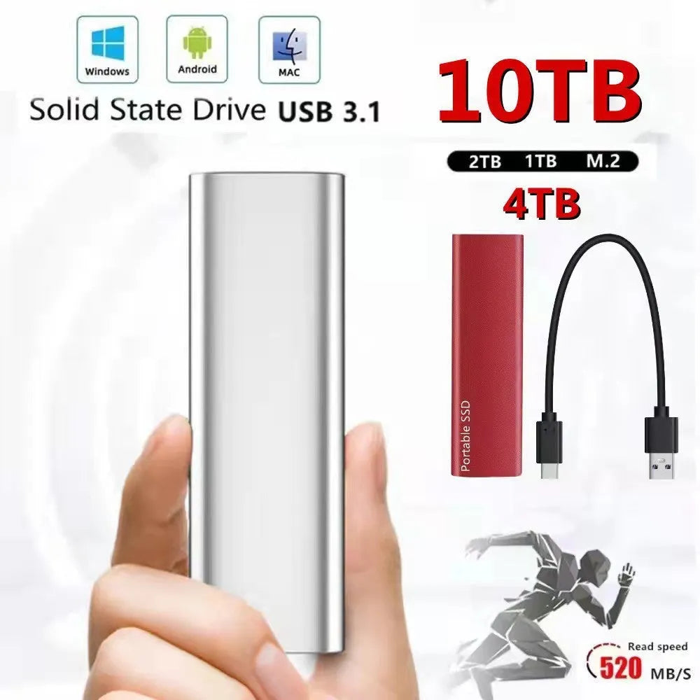 Portable external SSD with metal casing in red colour, shown alongside other colour options.