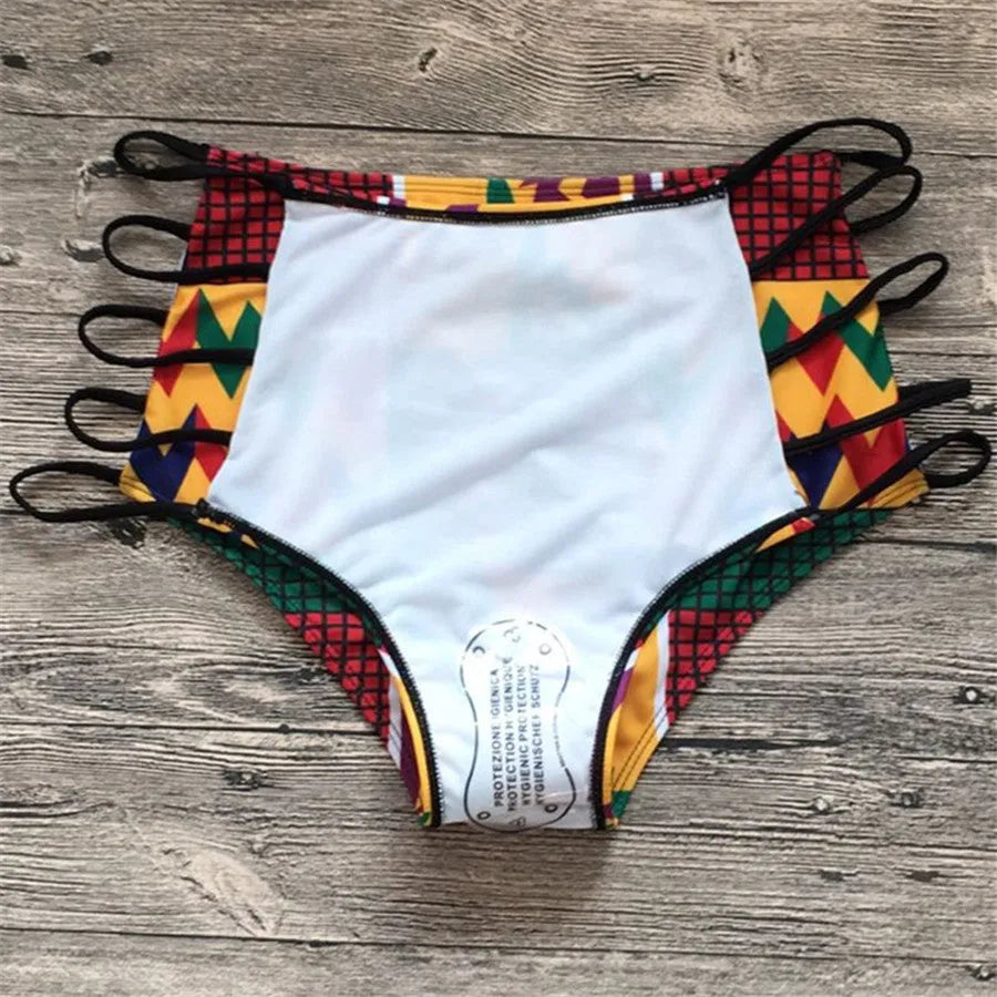 Women's high-waist bikini swimsuit with digital printing and backless design