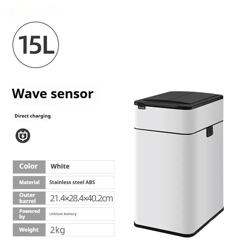 Square stainless steel inductive smart trash can with touch-free lid opening