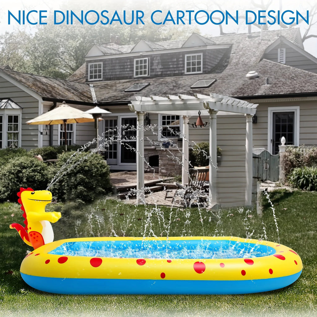 Blue dinosaur shark design inflatable water spray pool measuring 170cm long for children and pets