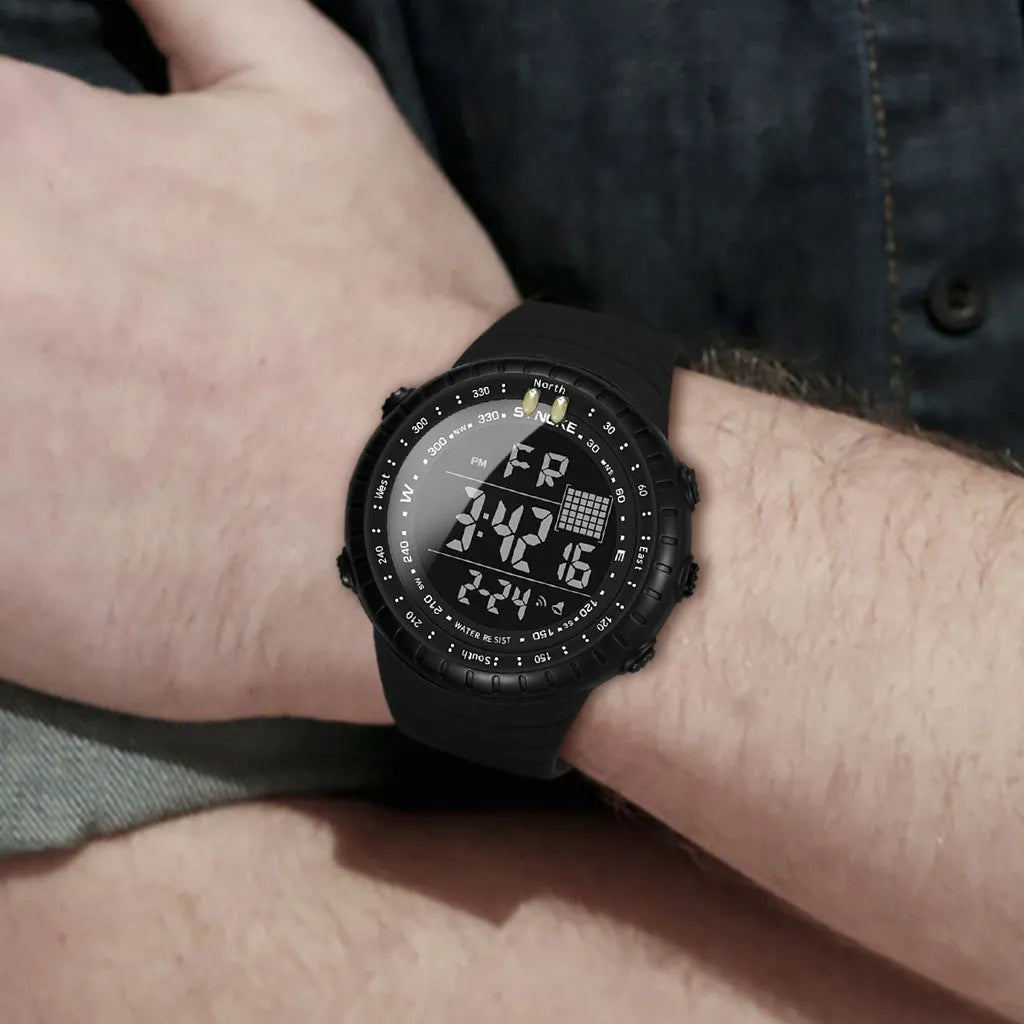 Black waterproof outdoor electronic watch with digital display and adjustable PU strap