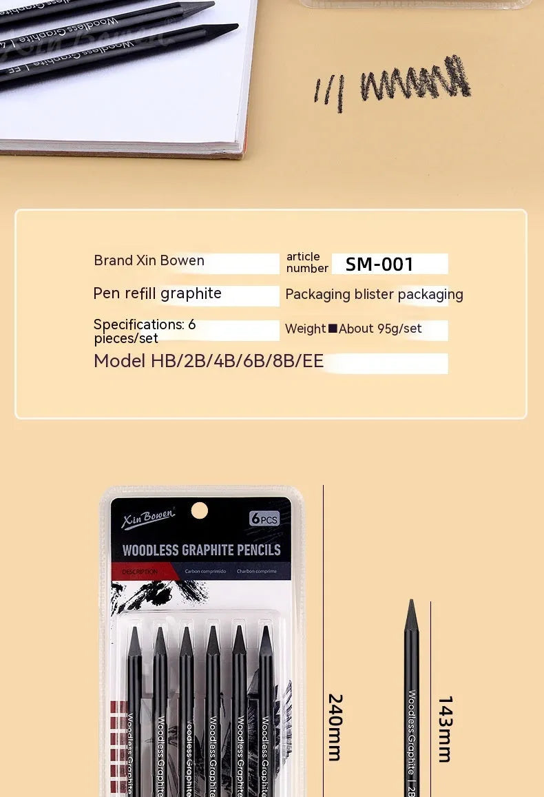 Wood-free graphite sketching pencils set with six different grade markings