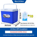Blue portable insulated cooler box with aluminium foil exterior for outdoor and travel use.
