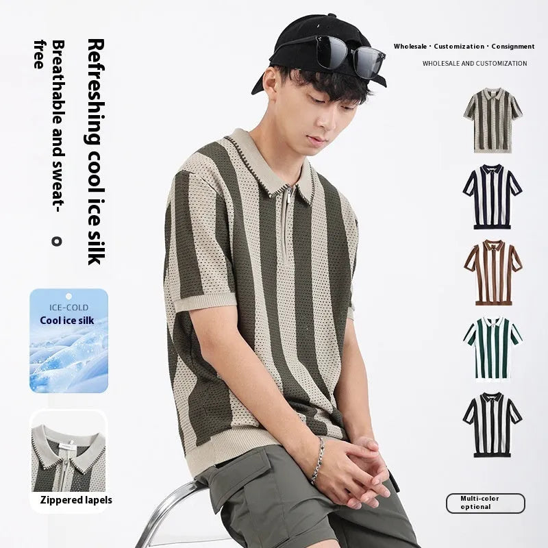 Man wearing striped ice silk short sleeve sweater with zipper decoration in sapphire blue