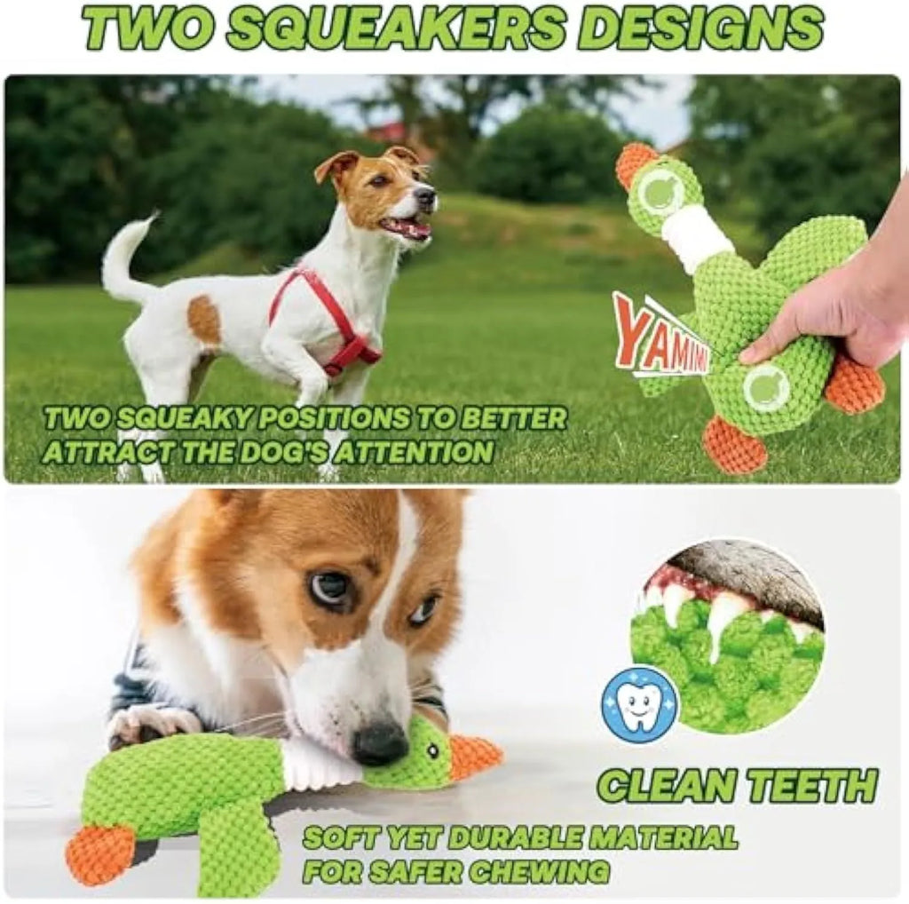 Blue durable duck plush dog toy with squeakers for chewing and interactive play
