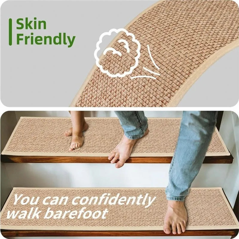 Japanese-style linen-look polyester stair mat in camel colour with rubber bottom on wooden stair