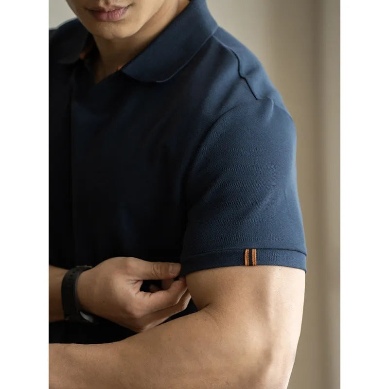 American-style men's short-sleeve polo shirt in blue cotton-polyester fabric