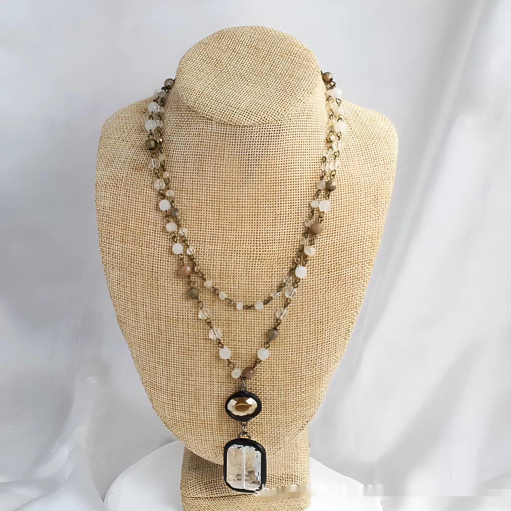 Tribal style two-layer necklace with natural stone and glass beads on alloy chain