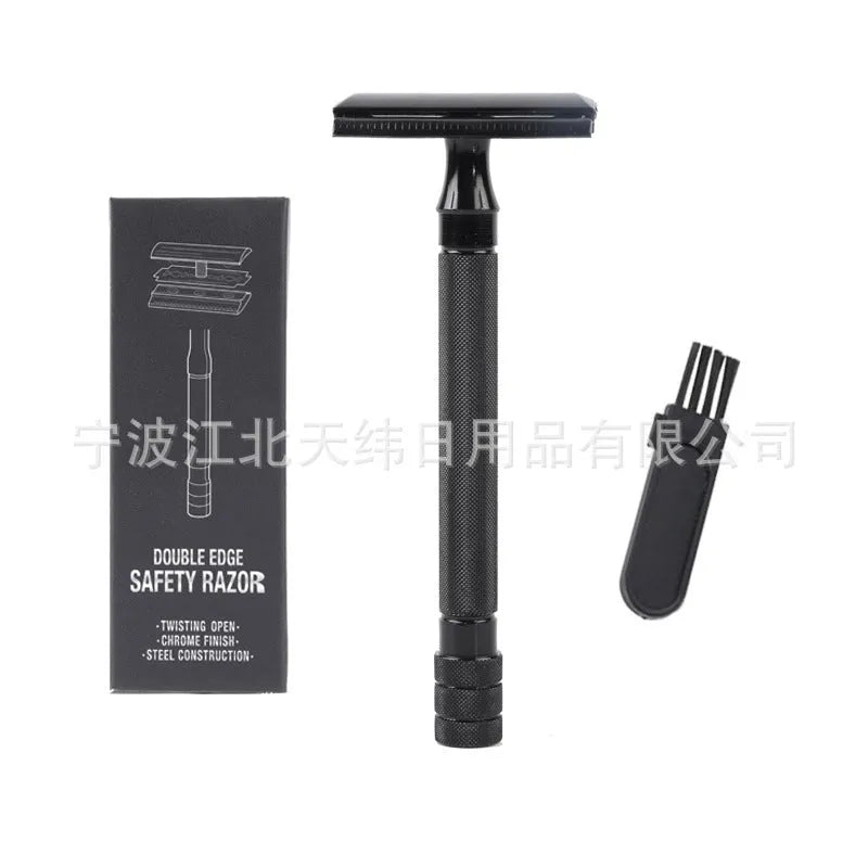 Traditional manual pogonotomy metal shaver and brush set for old-fashioned wet shaving