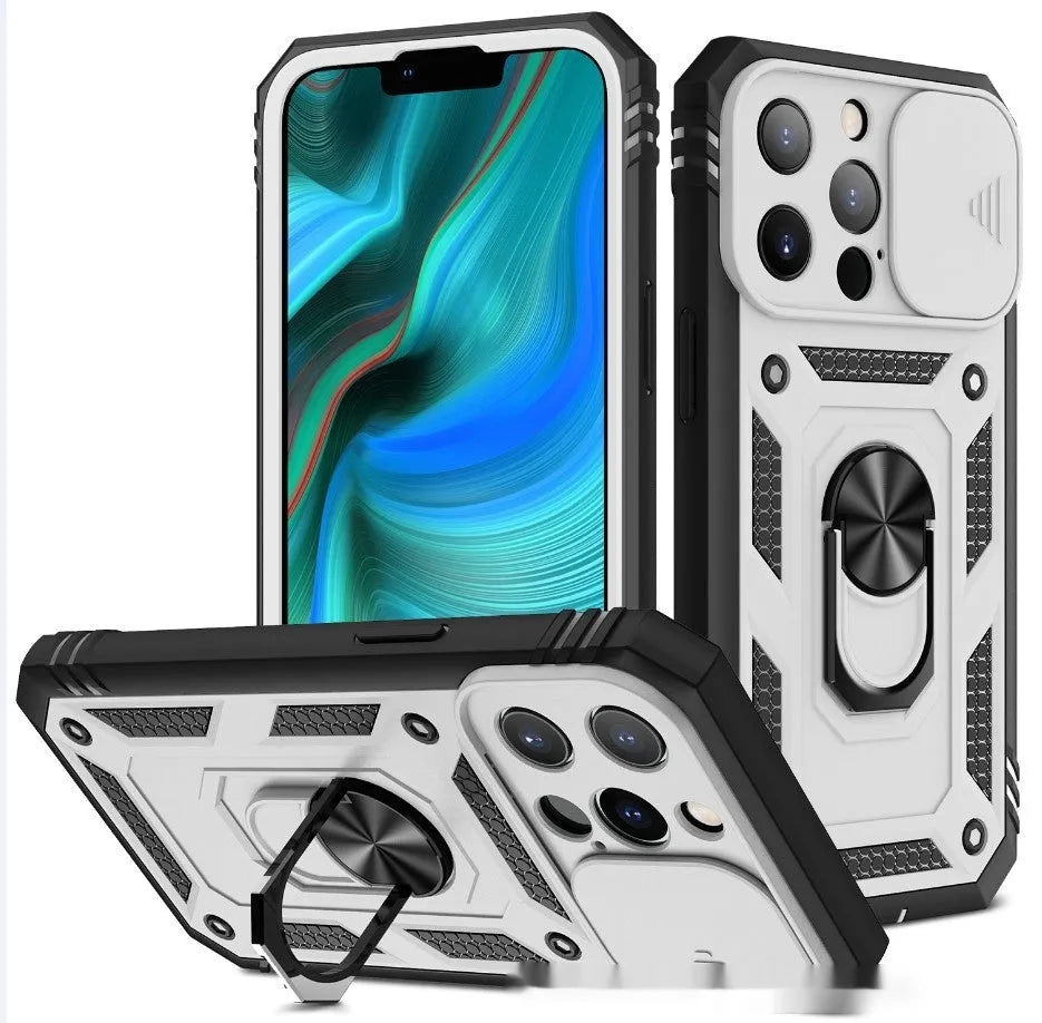 Sergeant sliding window magnetic ring drop-resistant phone case for Apple iPhone, black, rear view showing sliding window and alloy ring