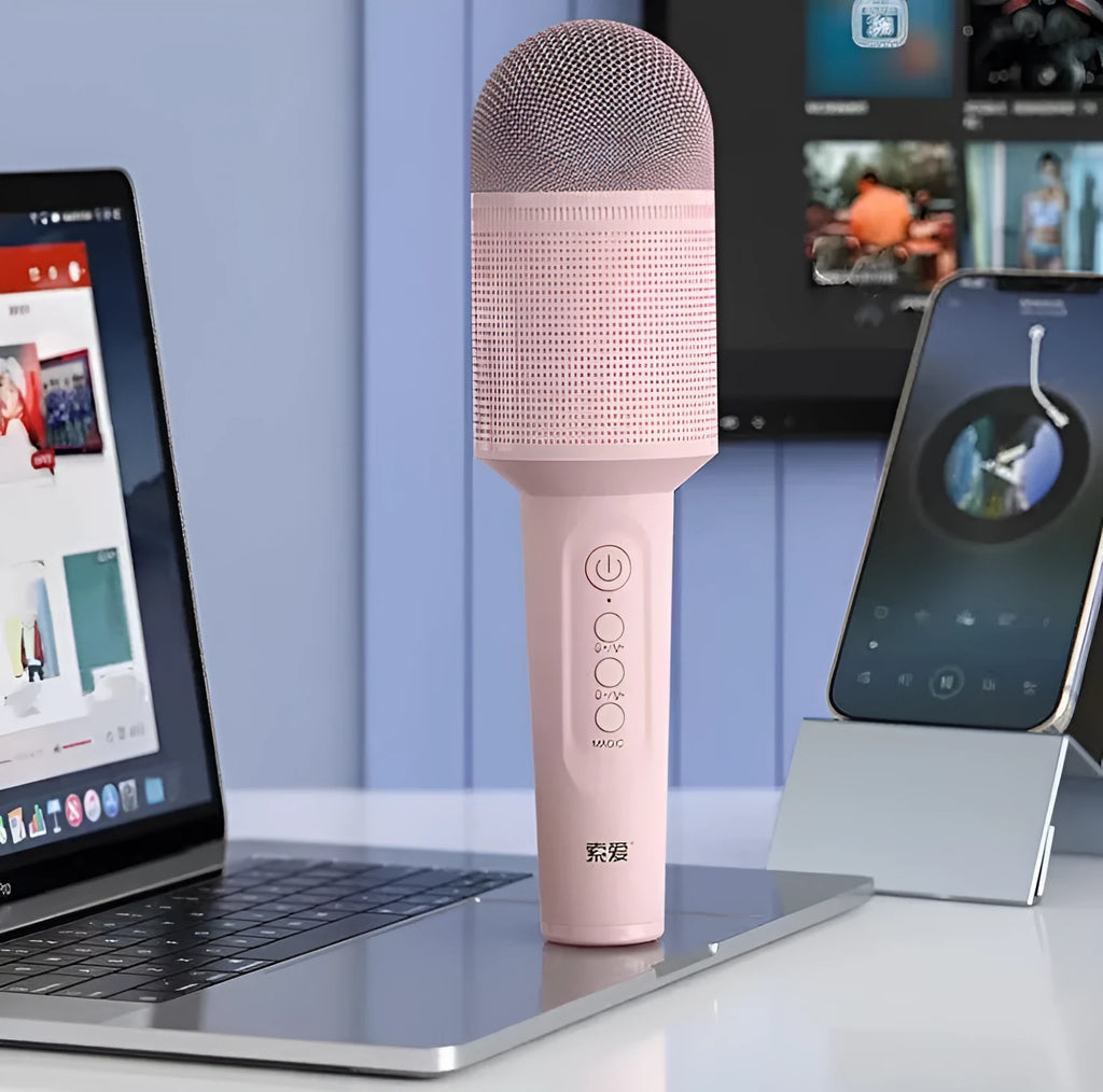Handheld wireless Bluetooth karaoke microphone in pink, blue, and green colour options.