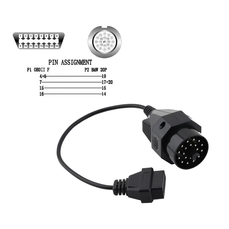 BMW OBD2 diagnostic adapter cable showing 20-pin and 16-pin OBD2 connectors