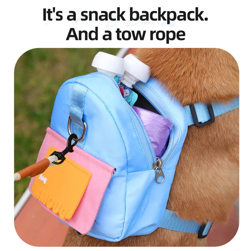Blue adjustable dog backpack harness with breathable mesh and detachable tow rope on medium-sized dog