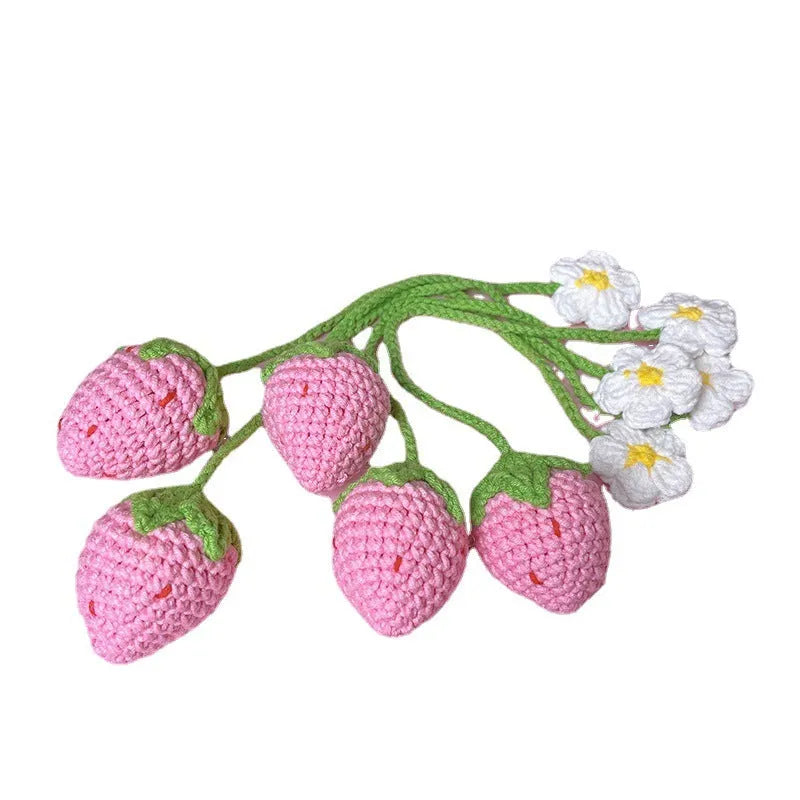 Handmade red and pink wool crochet strawberry pendant necklace on a 35cm cord