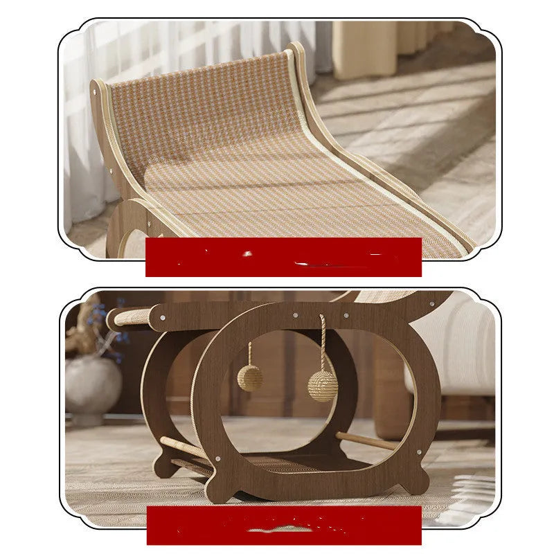 Solid wood cat scratcher bed with sisal scratching surface in natural wood finish