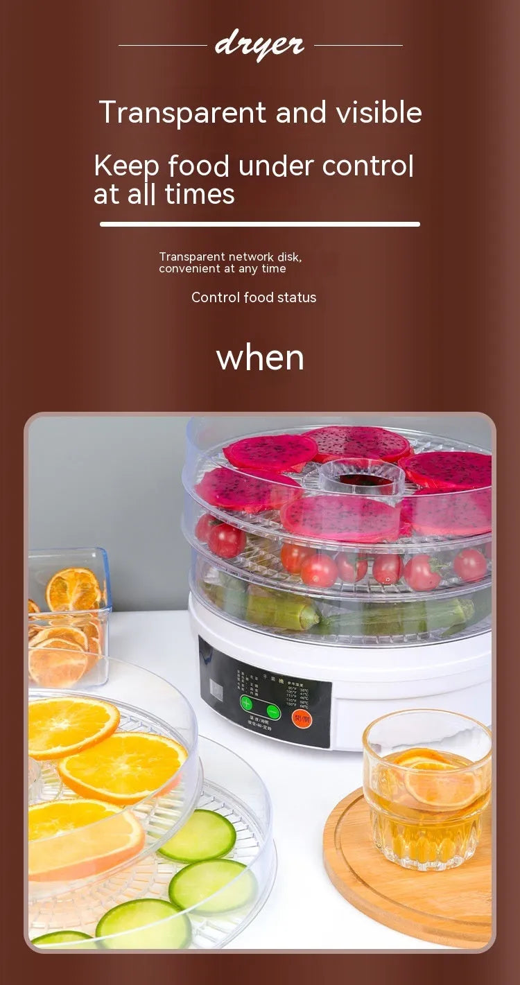 Five-tray household fruit dehydrator with removable shelves on kitchen counter