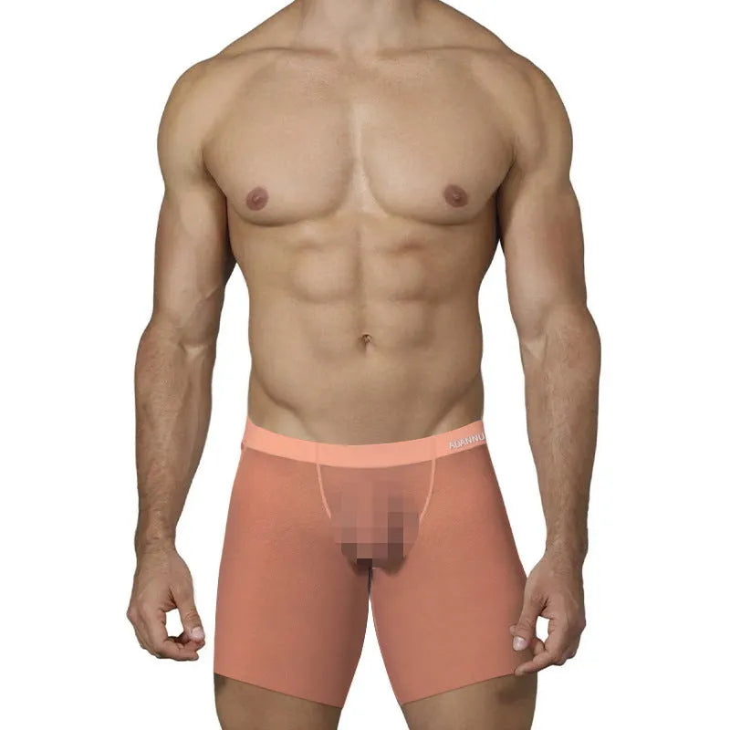 Men's low waist boxer shorts in orange ice silk fabric showing front and back views