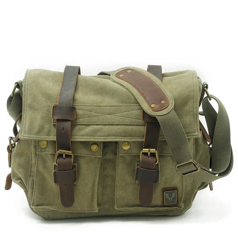 Men's canvas crossbody shoulder bag with postman flap closure in retro European style