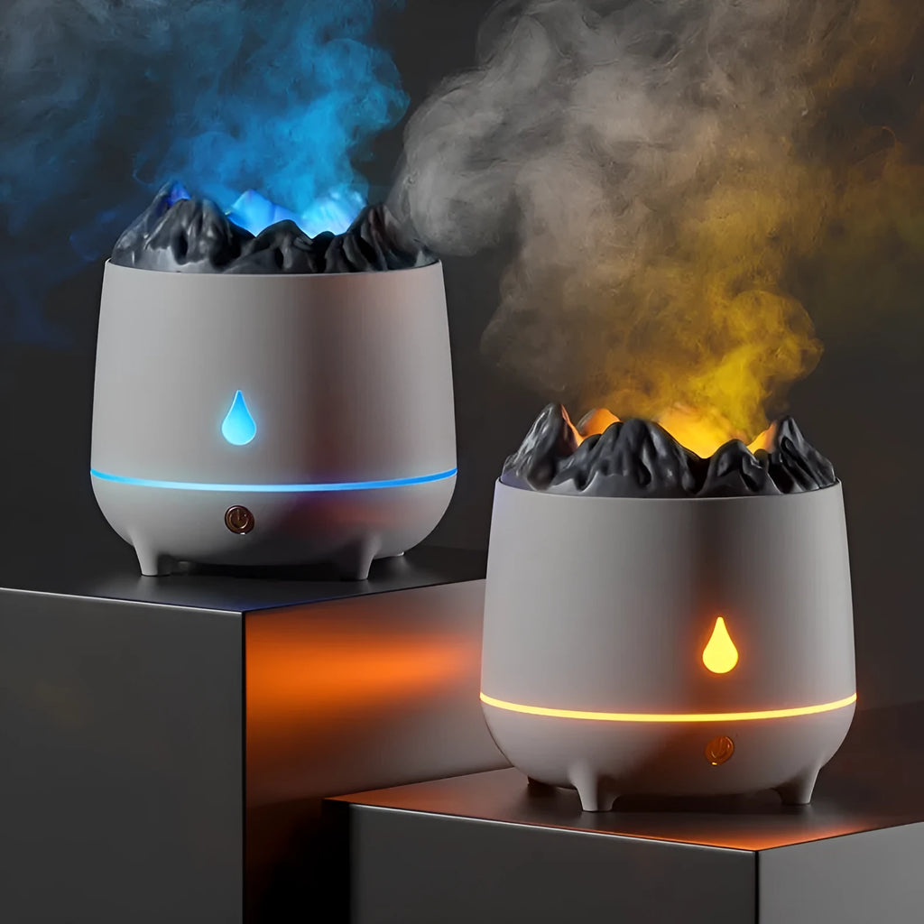 Volcano mountain-shaped humidifier in black colour with USB cable connection and mist output
