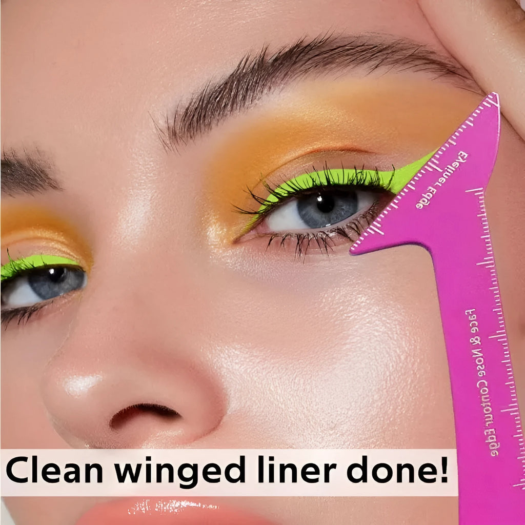 Three plastic eyeliner stencils for hooded eyes showing winged eyeliner, eyebrow, and contouring templates