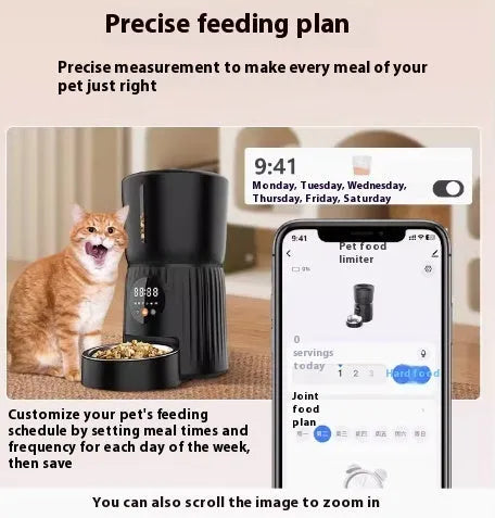 Black intelligent pet feeder with digital display showing feeding schedule
