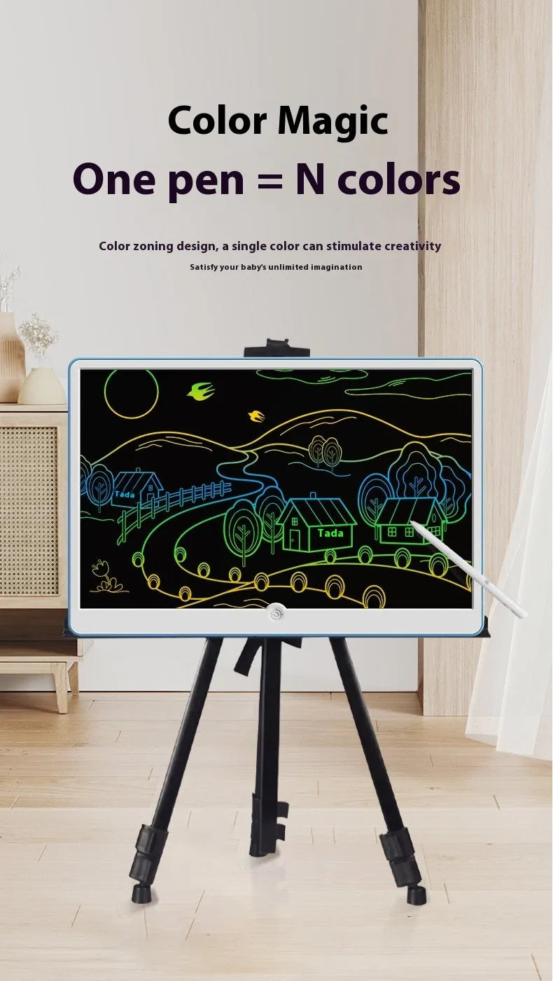 19-inch rechargeable LCD children's drawing board shown in blue and white colour scheme on a table.