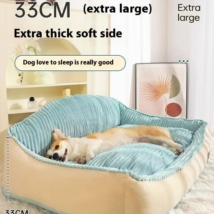 Morandi-colour removable washable pet bed for sofa, shown in Medium and Large sizes for dogs and cats.