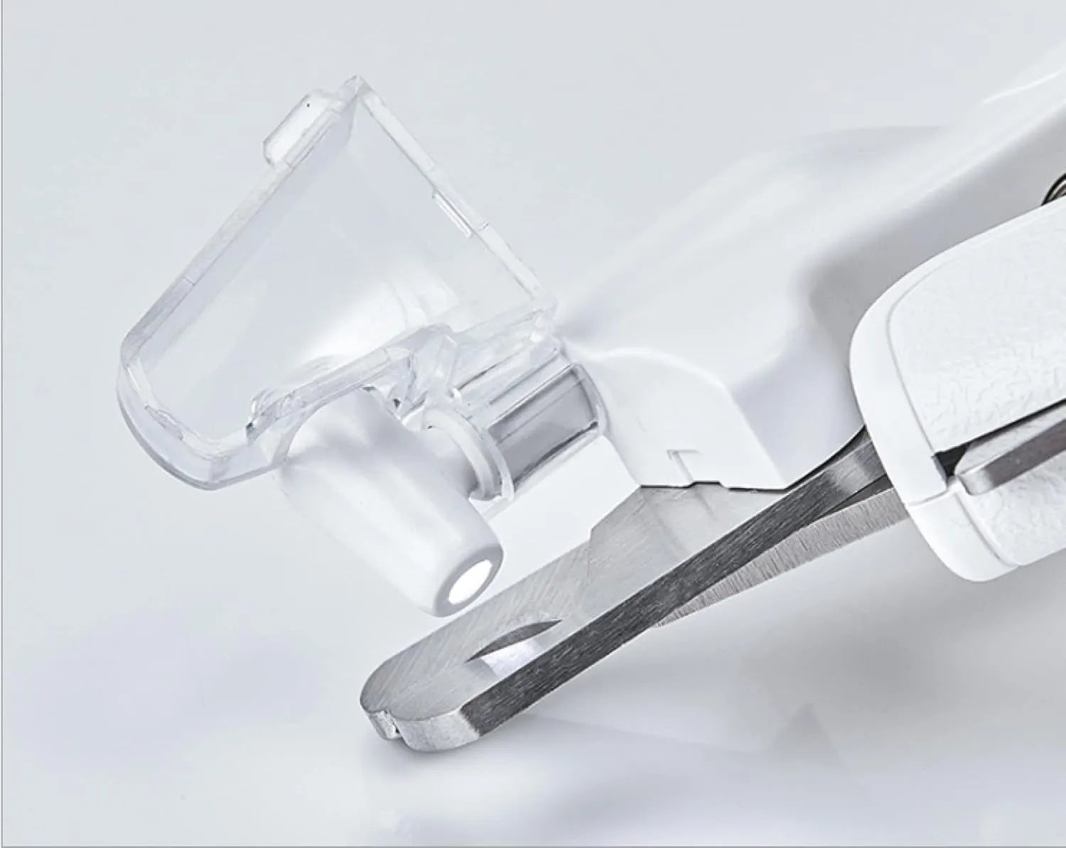 White LED pet nail clippers for dogs and cats with a transparent safety guard and leather-like handle.