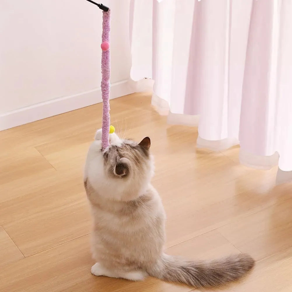 Blue cat wand toy with extended plush strip and colourful ball with bells for interactive feline play