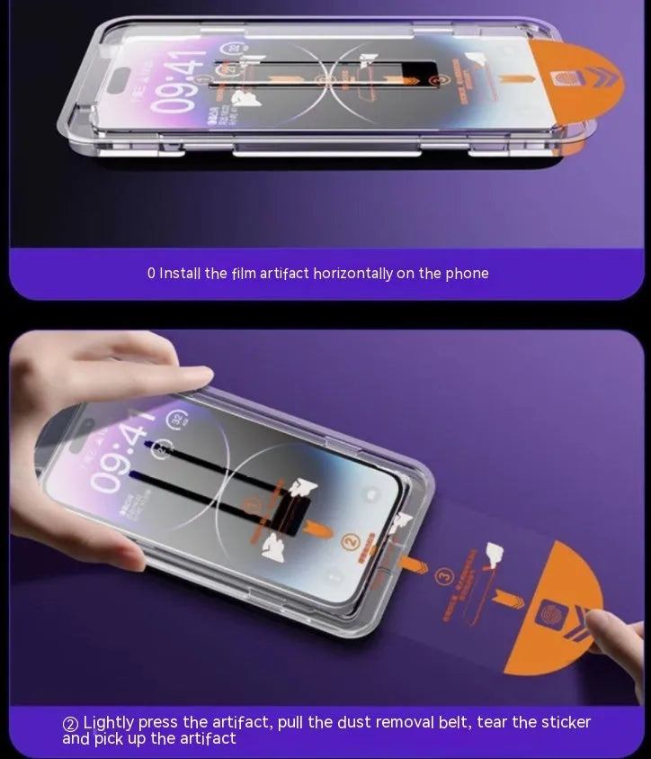 iPhone tempered glass screen protector with privacy and anti-purple light features on a mobile phone.