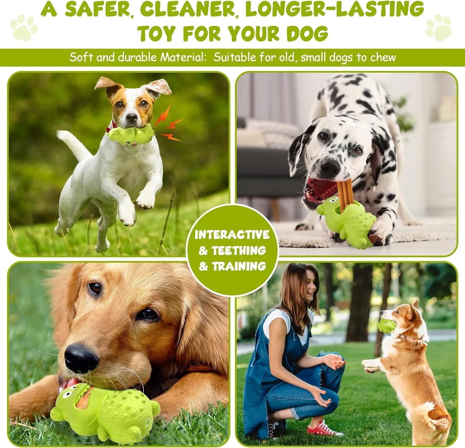 Green and yellow natural rubber dog toy for aggressive chewers with squeaker and treat hole.
