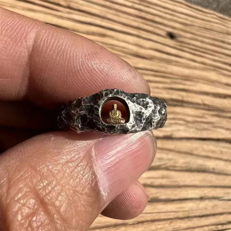 Hand-forged copper Grotto Buddha ring with rock texture on a band, shown in size No. 8.