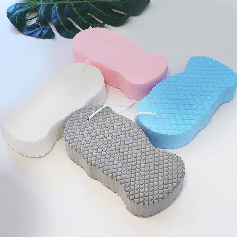 3D fish scale pattern bath sponge with textured surface for body exfoliation in multiple colours