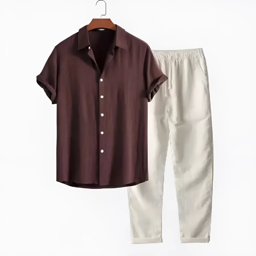 Men's casual linen-look shirt and trousers set in loose fit design with short sleeves