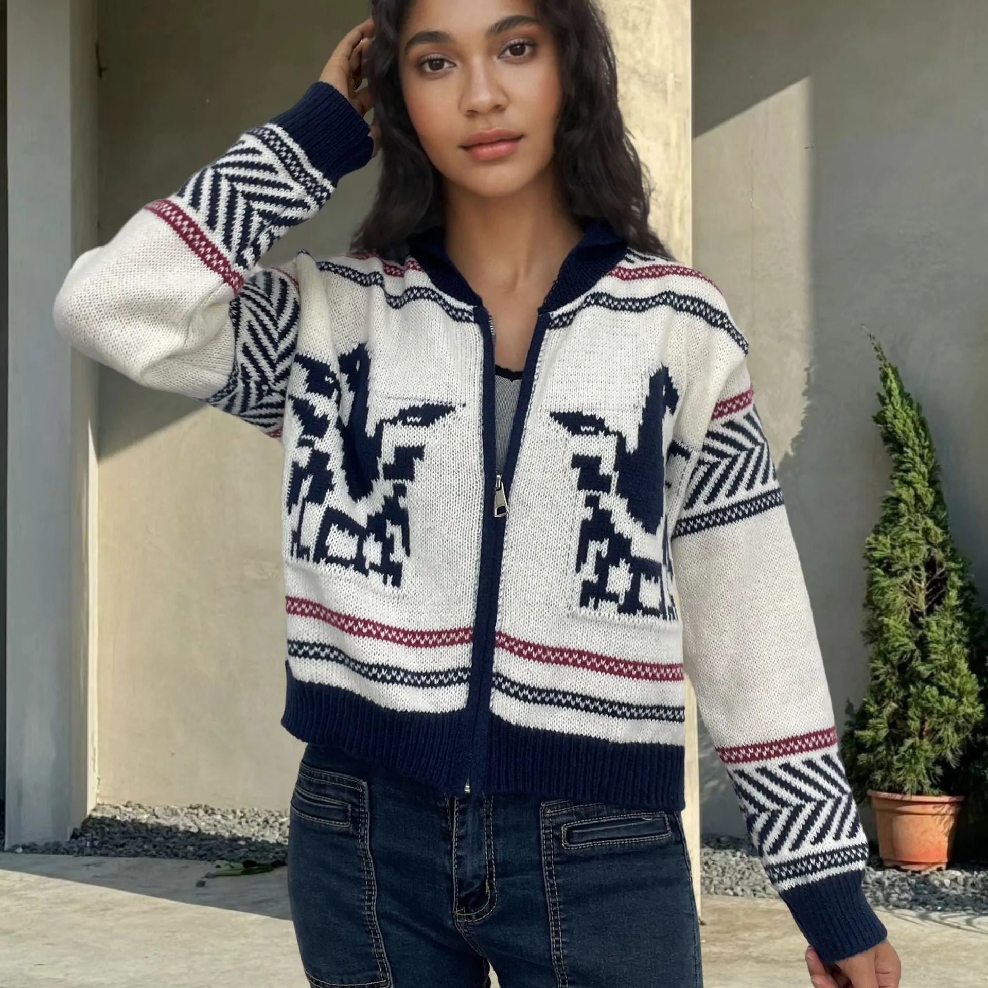 White women's cardigan with zipper front, lapel collar and jacquard contrast stripes