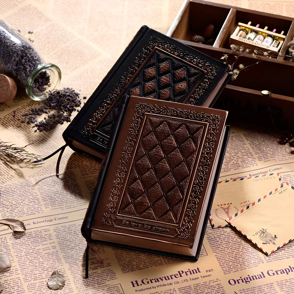 Embossed faux leather notepad with a super thick, textured cover in bronze colour
