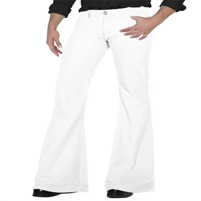 Solid colour high-elasticity polyester bell-bottom trousers, mid waist, zip placket, available in multiple colours including black and white