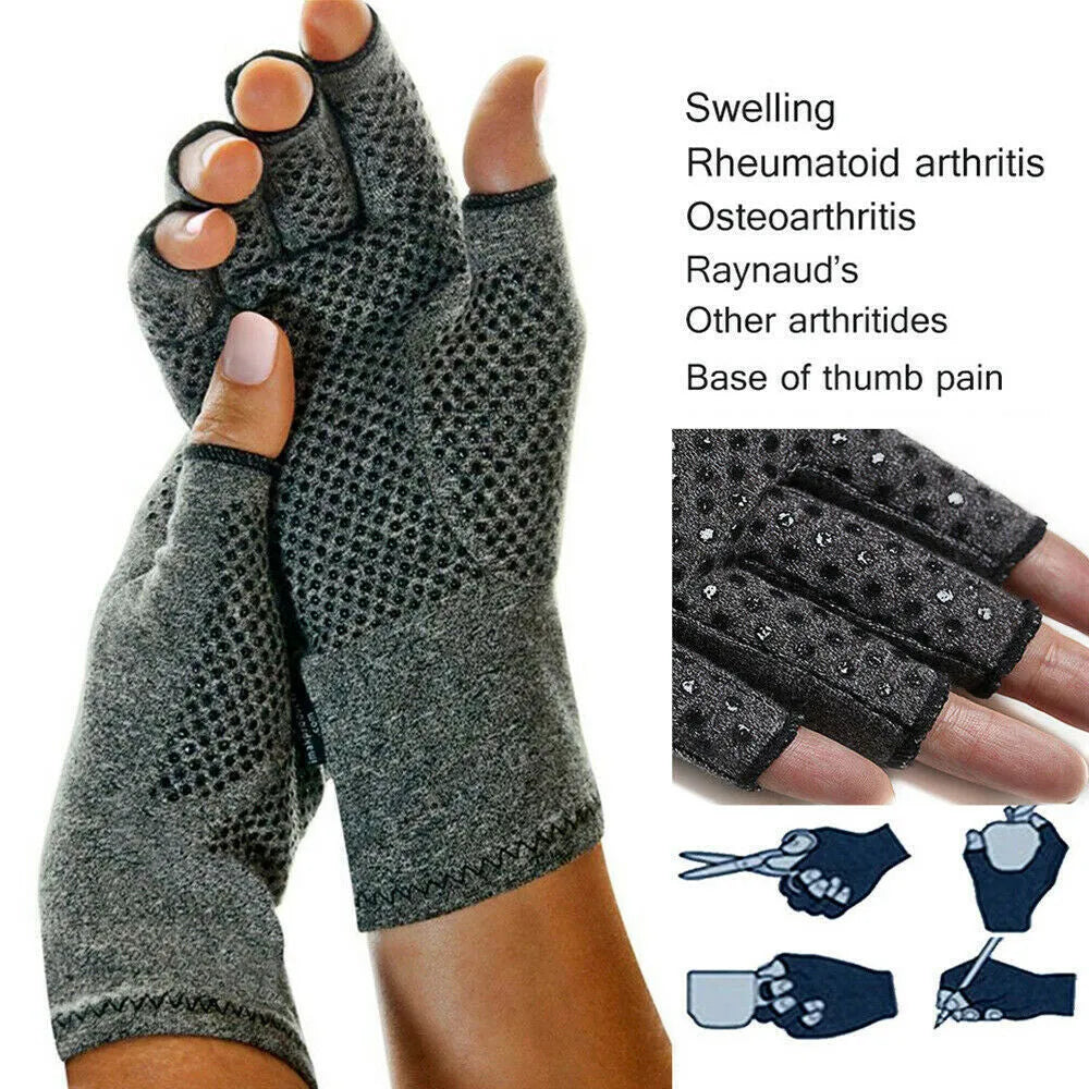 Grey half-finger joint compression gloves showing anti-slip palm pattern and trueran spandex fabric texture
